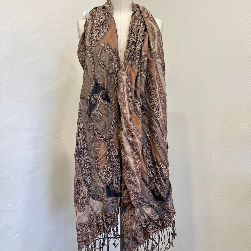 Vintage Paisley Pashmina Style Fringe Scarf Wrap Shawl Neutral Tones